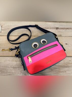 Fossil Piper Bot Toaster Googly Eye Bag Teal Pink Coral Crossbody